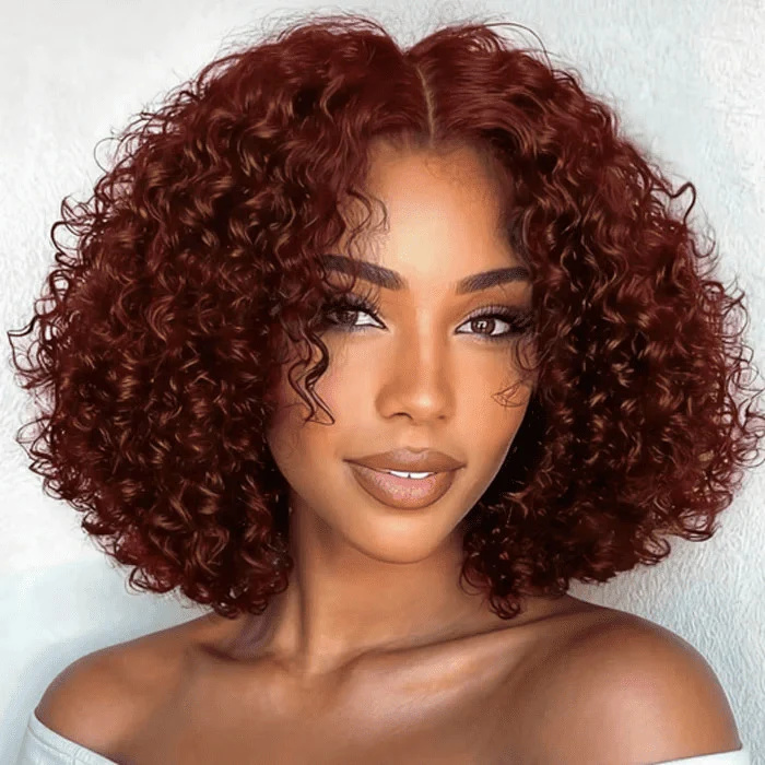 220% Reddish Brown Glueless Deep Curly Pre-cut HD Lace Wig Upgrade 8X5 Lace Short Layered Cut Bouncy And Fluffy Curly Wig