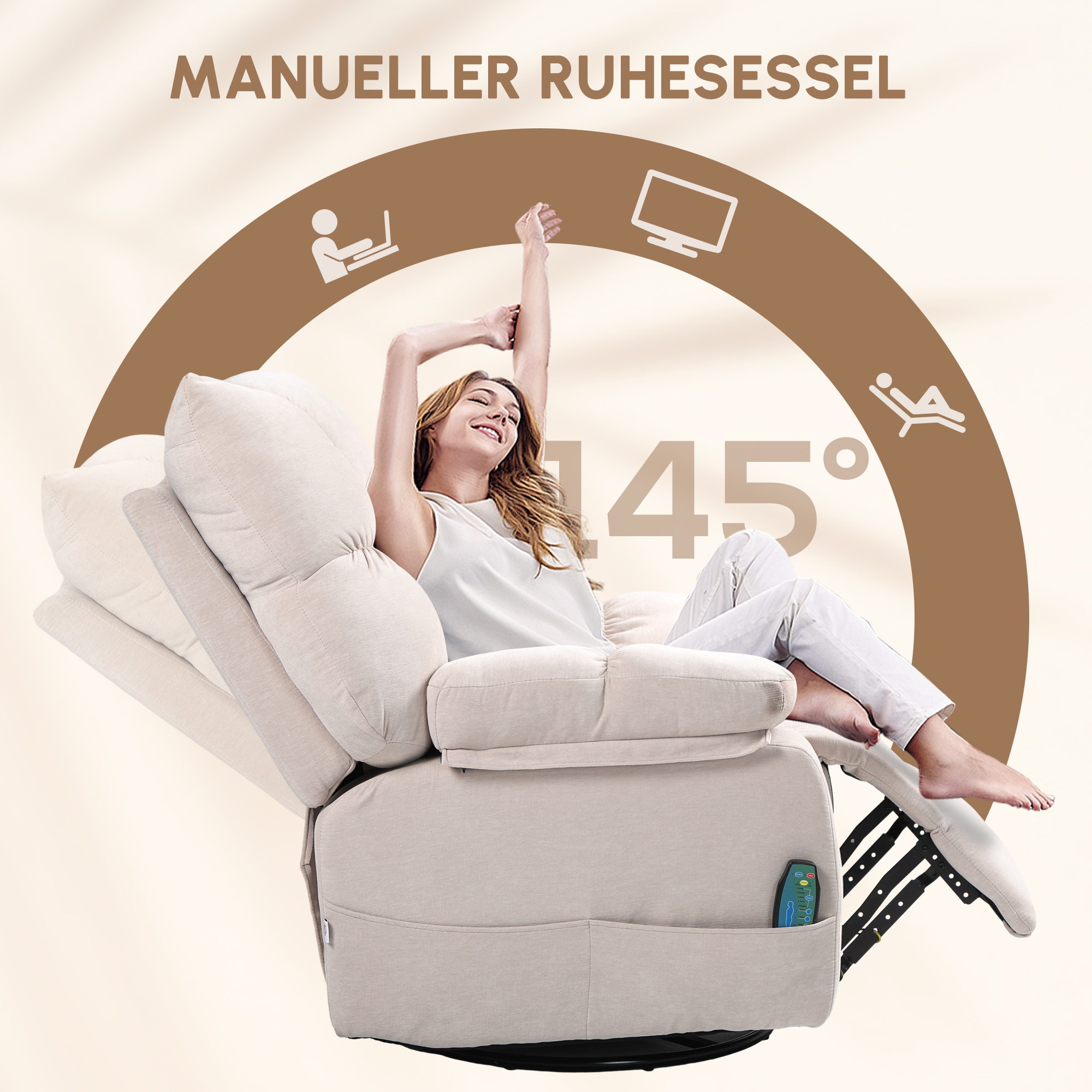 HOMCOM Massagestoel met Verwarmings- & Ligfunctie, Draaibaar, tot 150 kg, Metaal Frame, 98x90x98cm, Beige