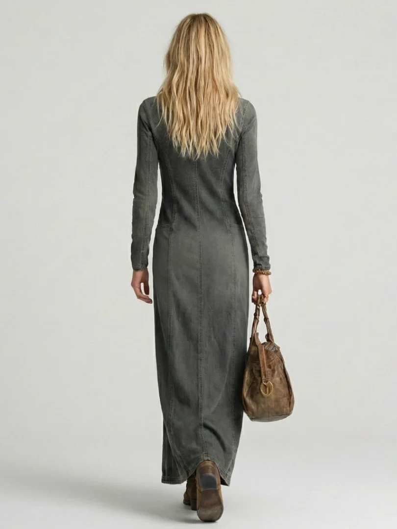 Women��s Denim Maxi Dress Button Front with Deep V Neckline