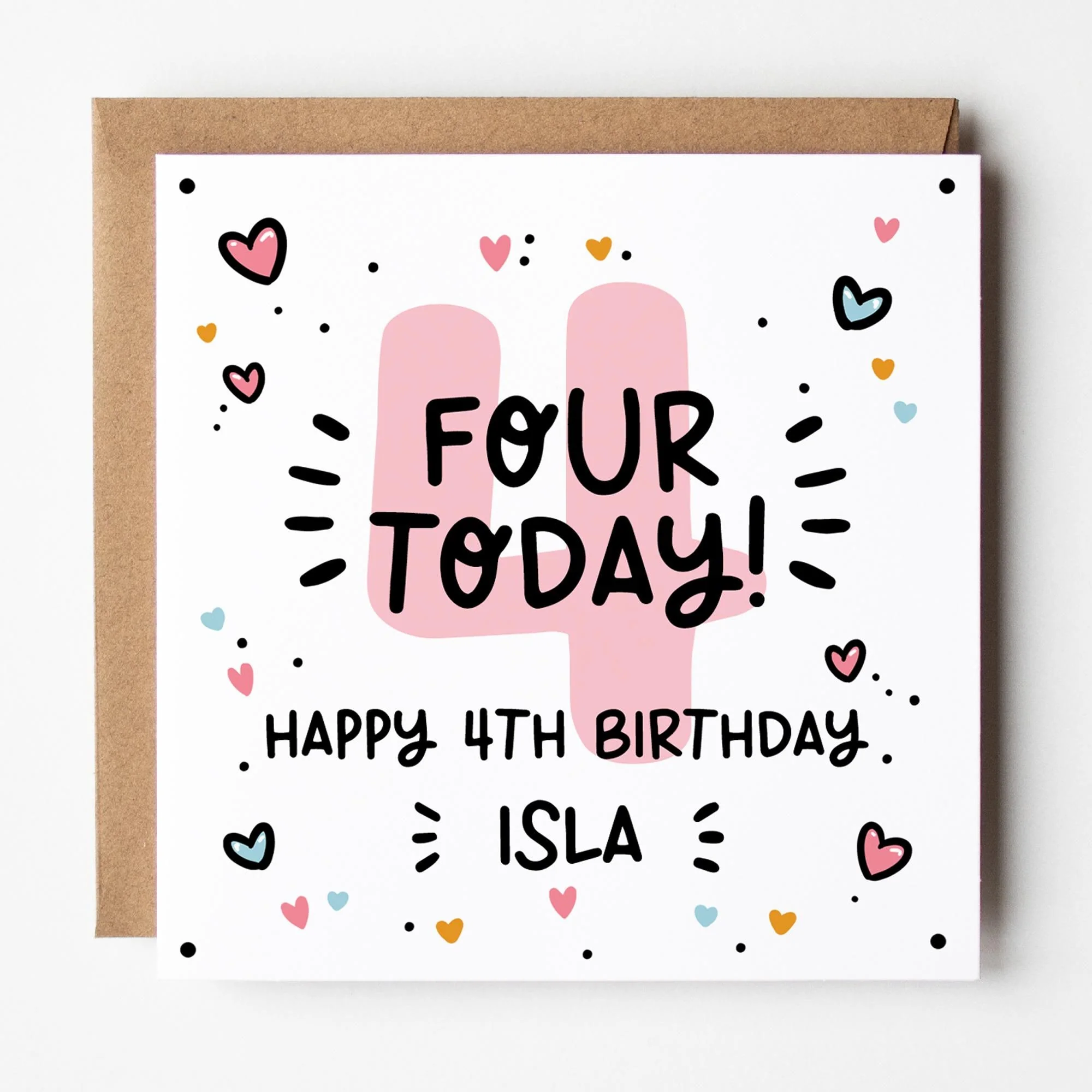 Girls Birthday Card, Personalised 4th or 5th Number Card With Kraft Envelope