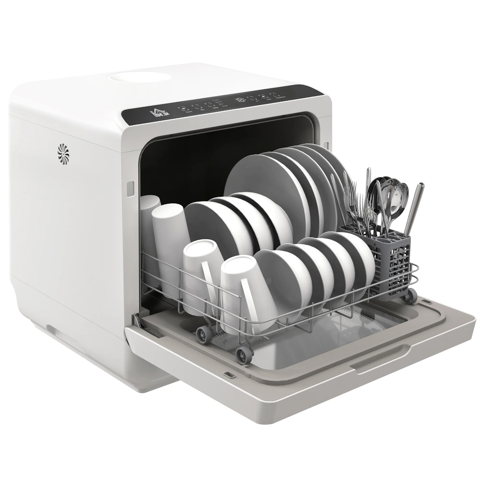 HOMCOM Compacte Tafelvaatwasser, 4 Couverts, Droogmodus, 6L Tank/Kraan, Startuitstel, LED, Wit