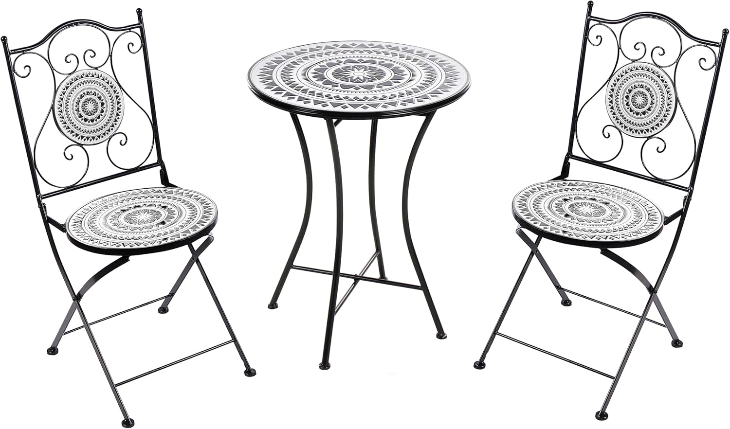 Beliani Balkonset 3-teilig Eisen schwarz/weiß Mosaik Tisch mit 2 Stühlen klappbar Comiso