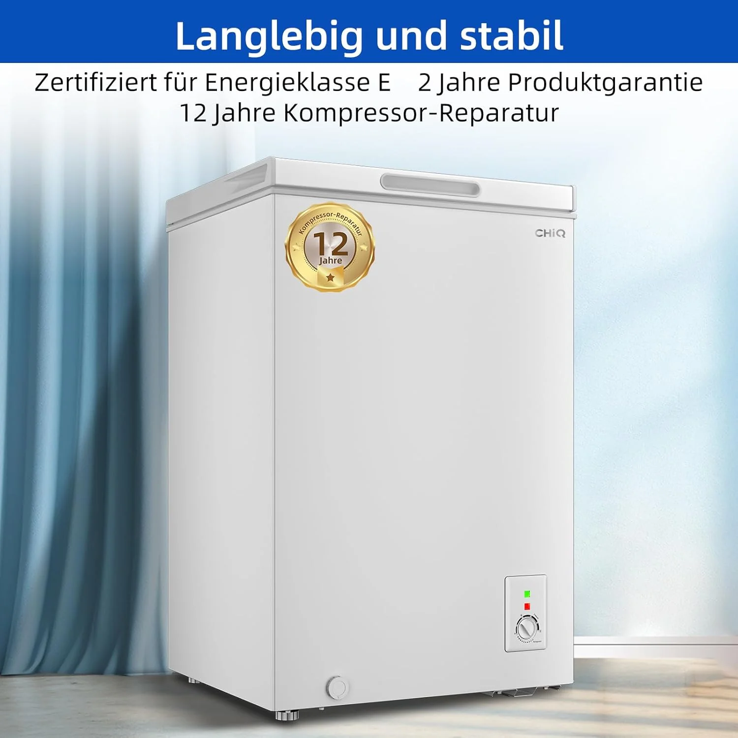 CHiQ FCF98DE Congelatore a pozzetto 99 L, 54,5 x 47,6 x 83,5 cm, congelamento 4 stelle, controllo termostatico, cestello in filo, porta bilanciata, silenzioso, bianco
