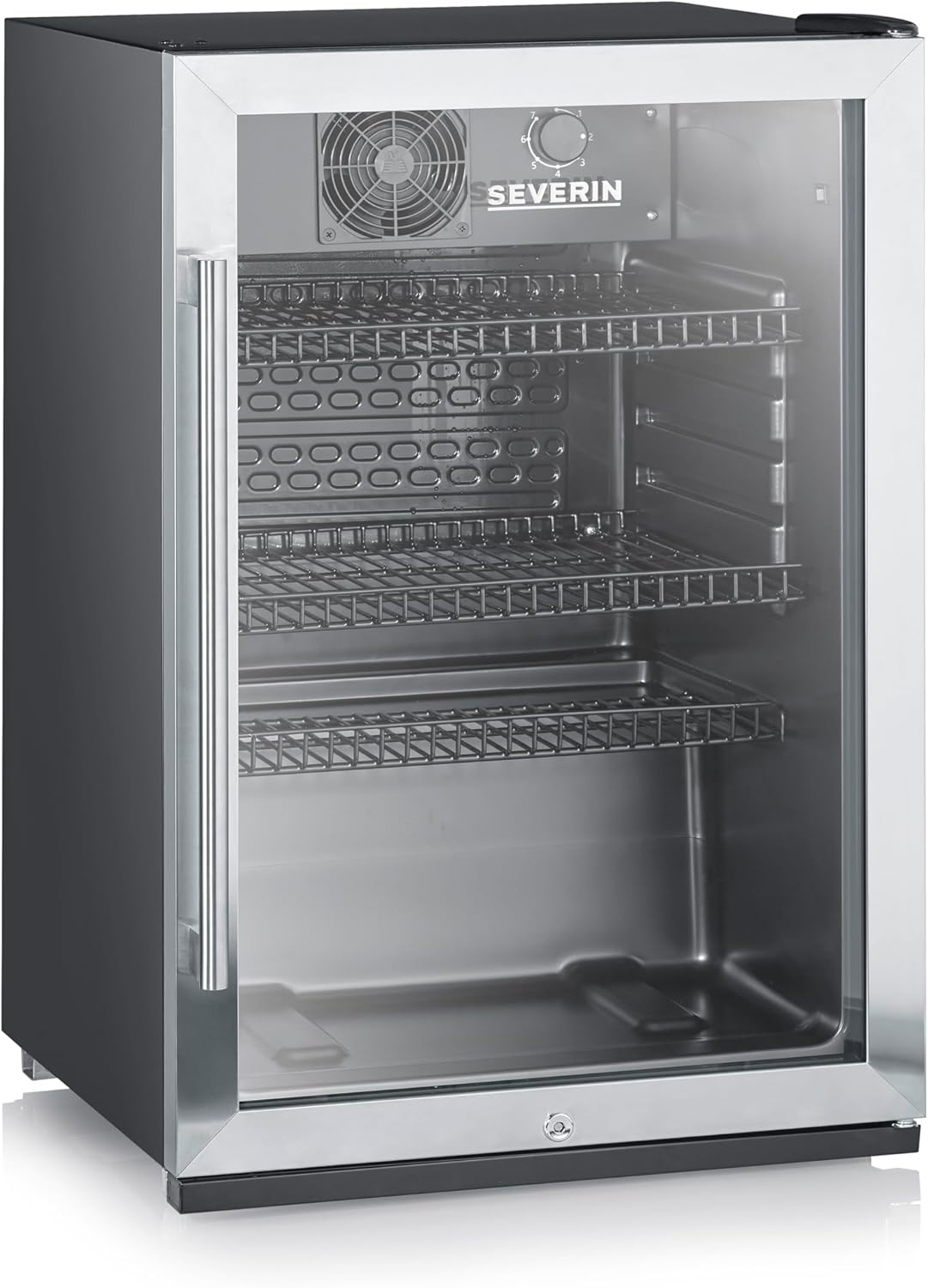 SEVERIN Flaschenkühlschrank, mit integriertem Schloss und integrierter LED-Beleuchtung, 118 L Nutzinhalt, schwarz/silber, FSK 8840