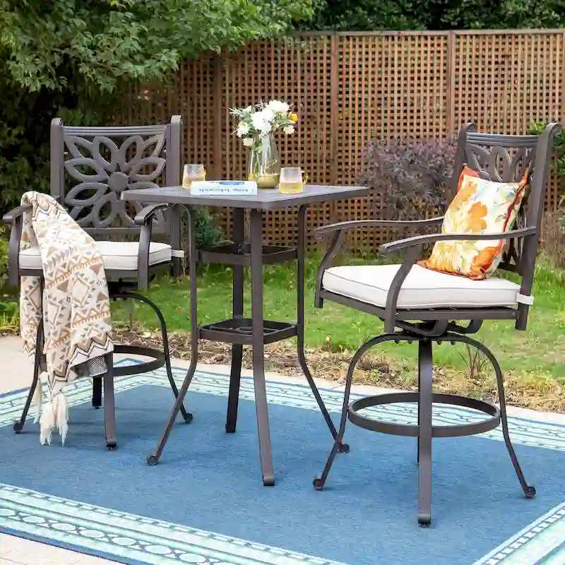 MAISON ARTS 3-Piece Cast Aluminum Patio Bar Stool Set of 1 Bar Table & 2 Swivel High Bar Stools