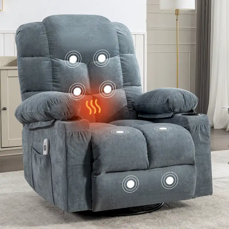 Grey Oversized Recliner with Heat and Massage, 150 Recline, 30 Rocking, USB Charging, and 2 Cup Holders