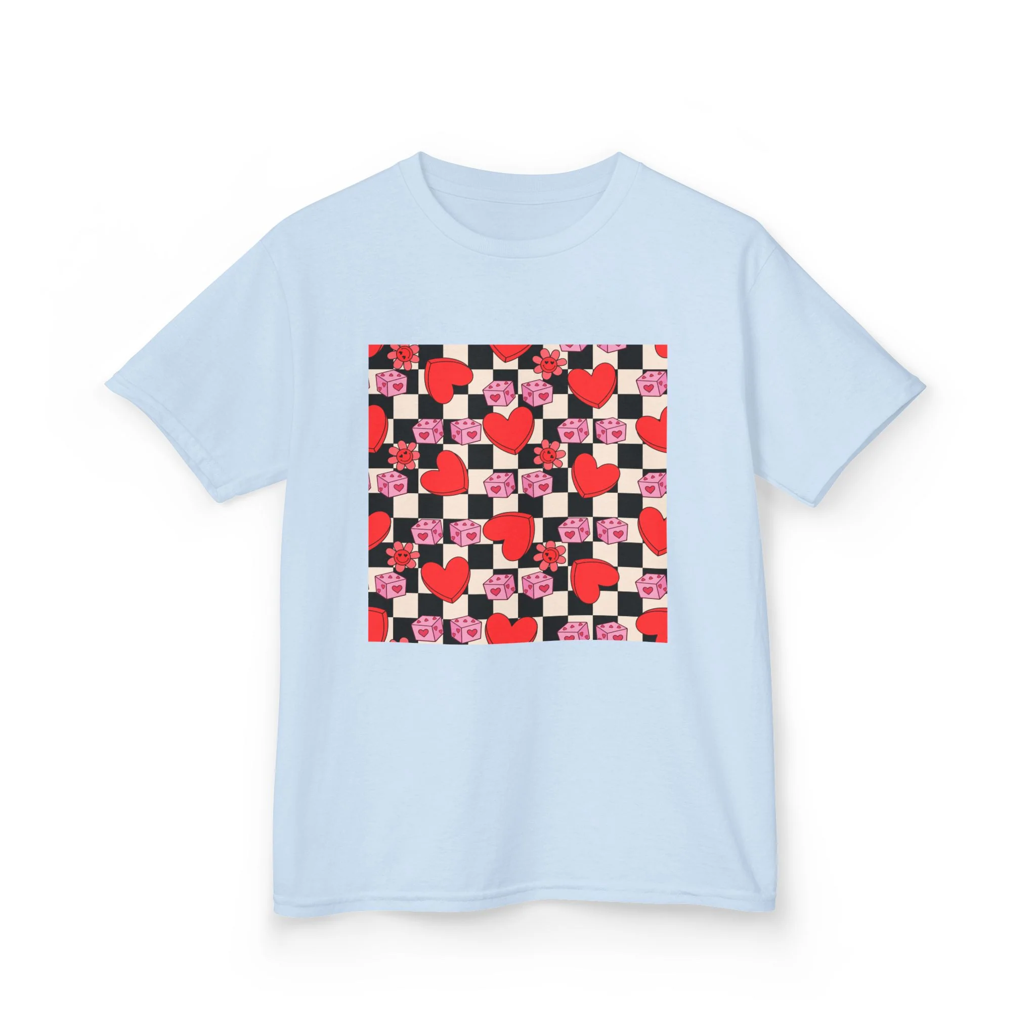 Checkerboard Hearts Kids Tee | Red Pink Black Heart Pattern
