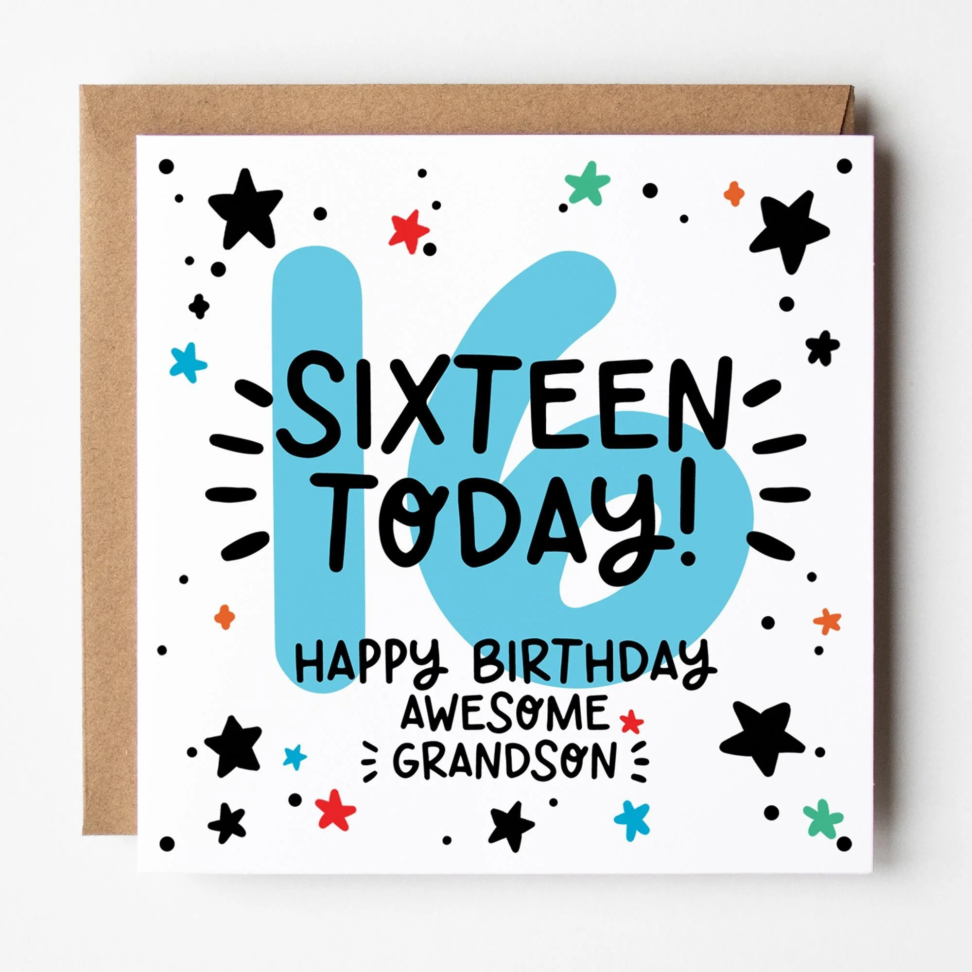 Grandson 16th Birthday Card; with Kraft Envelope