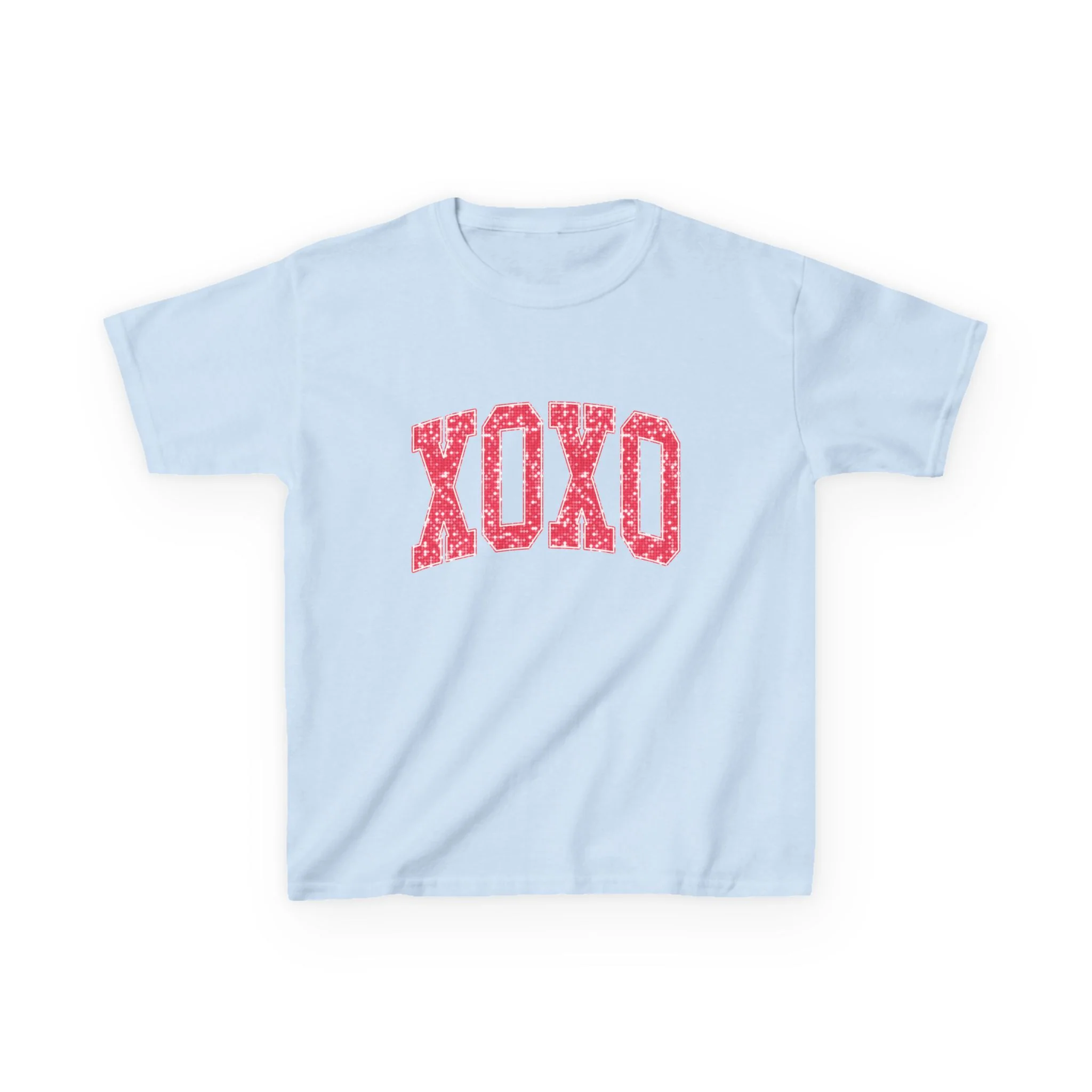 XOXO Kids Tee, Valentine Heart Pattern, Pink Lettering
