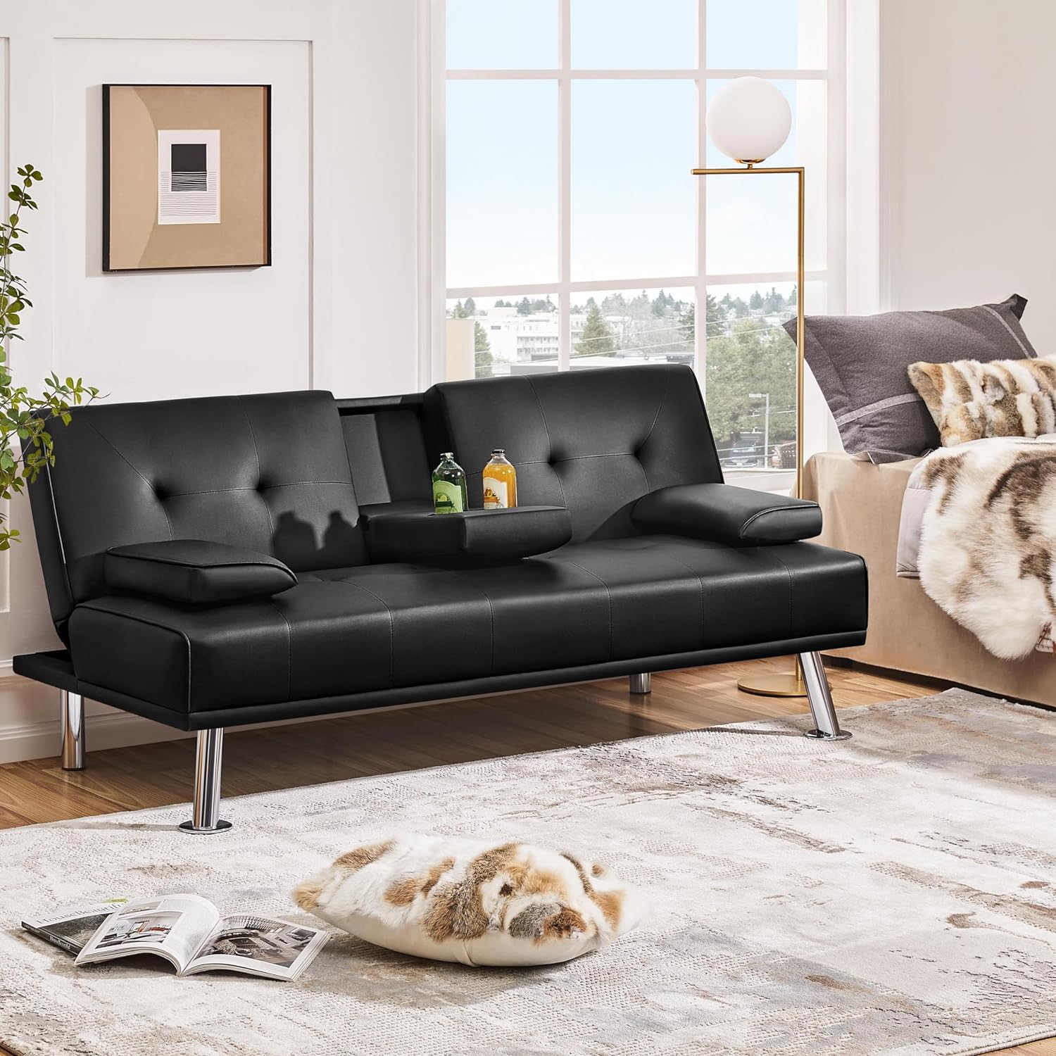 Yaheetech Convertible Sofa Bed Adjustable Couch Sleeper Modern Faux Leather Home Recliner Reversible Loveseat Folding Daybed Guest Bed, Removable Armrests, Cup Holders, 3 Angles, 772lb Capacity, Black