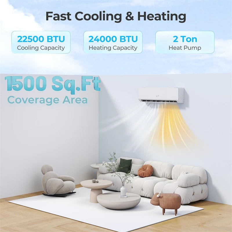 24000 BTU 25 SEER2 WiFi Ductless Mini Split Air Conditioner & Heater, Energy Star Certified 2 Ton 208-230V Inverter Heat Pump for 1500 Sq.Ft Rooms