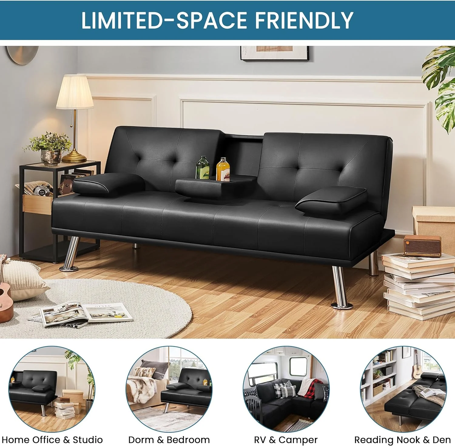 Yaheetech Convertible Sofa Bed Adjustable Couch Sleeper Modern Faux Leather Home Recliner Reversible Loveseat Folding Daybed Guest Bed, Removable Armrests, Cup Holders, 3 Angles, 772lb Capacity, Black