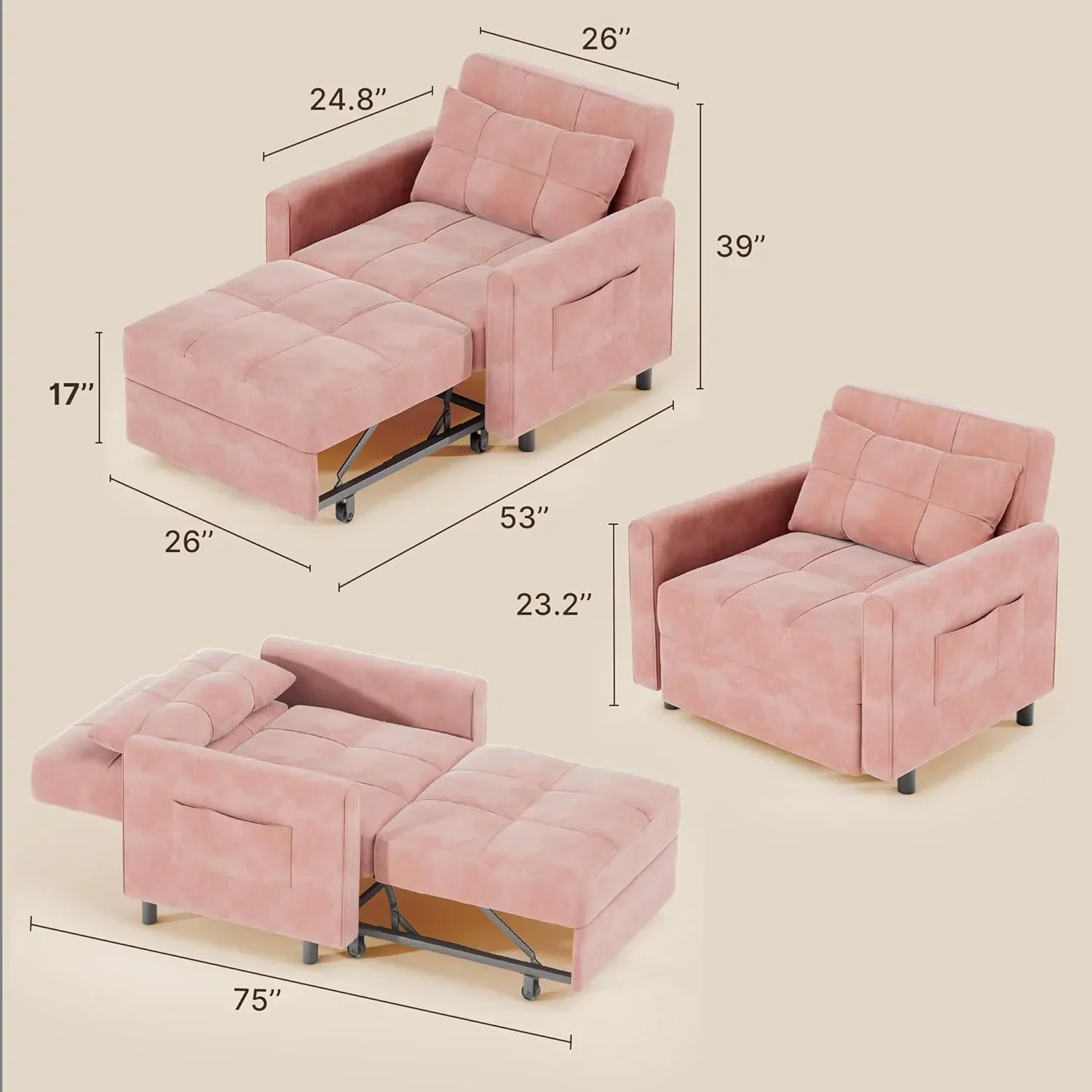 Sofa Bed Chair 3 in 1 Convertible Pullout Single Sleeper Chair Bed Spacious Multifunctional Sofa