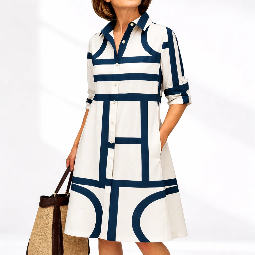 Womena??s Geometric Midi Dress Sophisticated Timeless Design