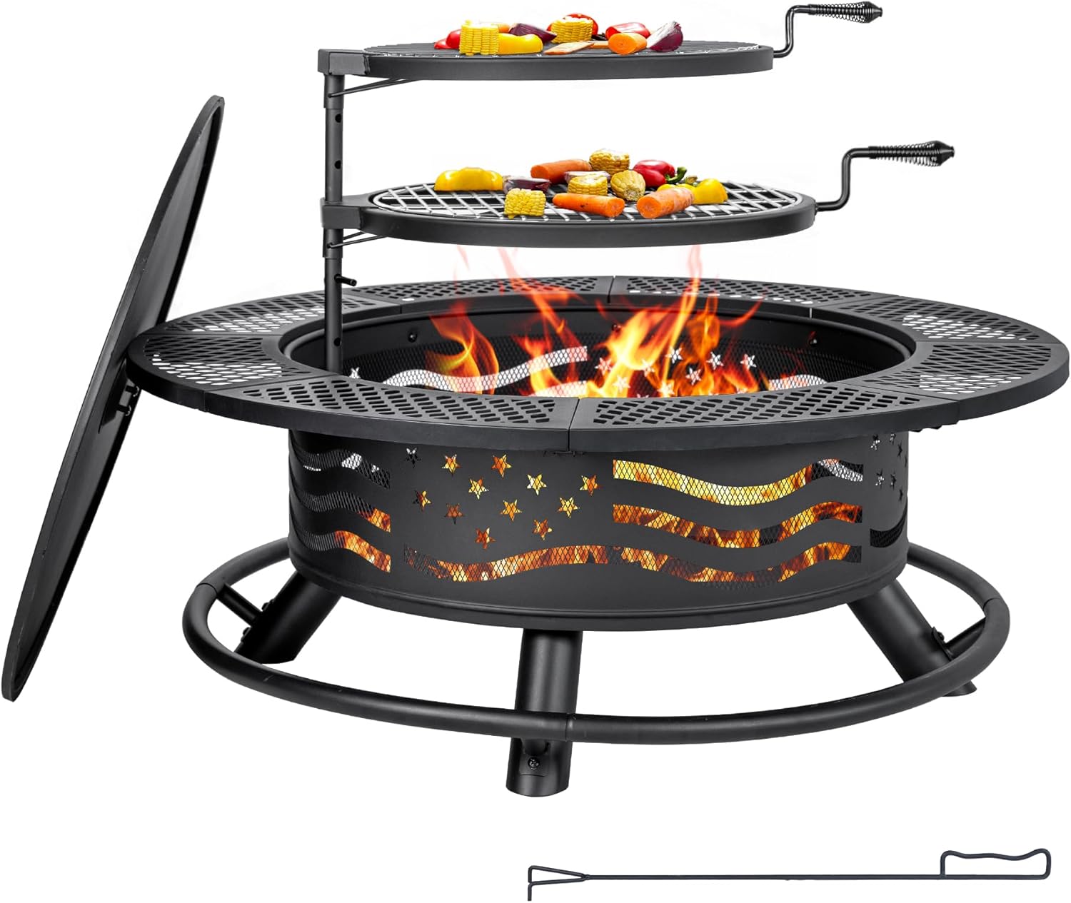Panovue 42 Inch Fire Pit with 2 Cooking Grates, Outdoor Wood Burning BBQ Grill Firepit Bowl with Cover Lid, Steel Round Table for Backyard Bonfire Patio Picnic (Black, 42)