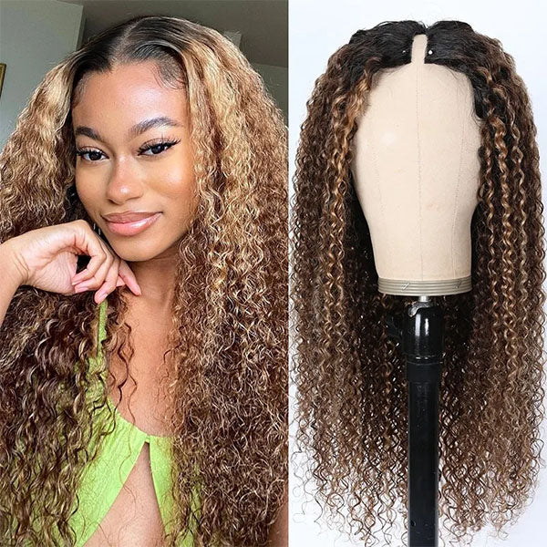Clearance #4/12 Highlight V Part Curly Glueless Wig With Dark Roots Honey Blonde Human Hair Wig Beginner Friendly