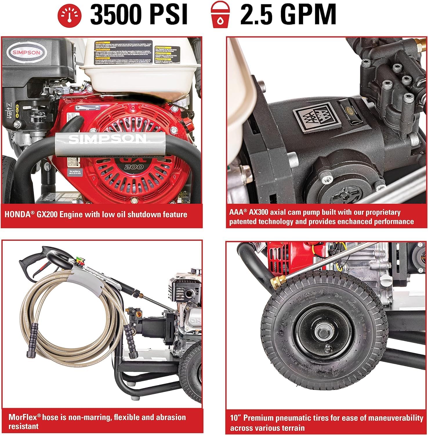Simpson 61014 3500 PSI at 2.5 GPM Honda GX200 with AAA AX300 Axial Cam Pump Cold Water Professional Gas Pressure Washer PS61002-S