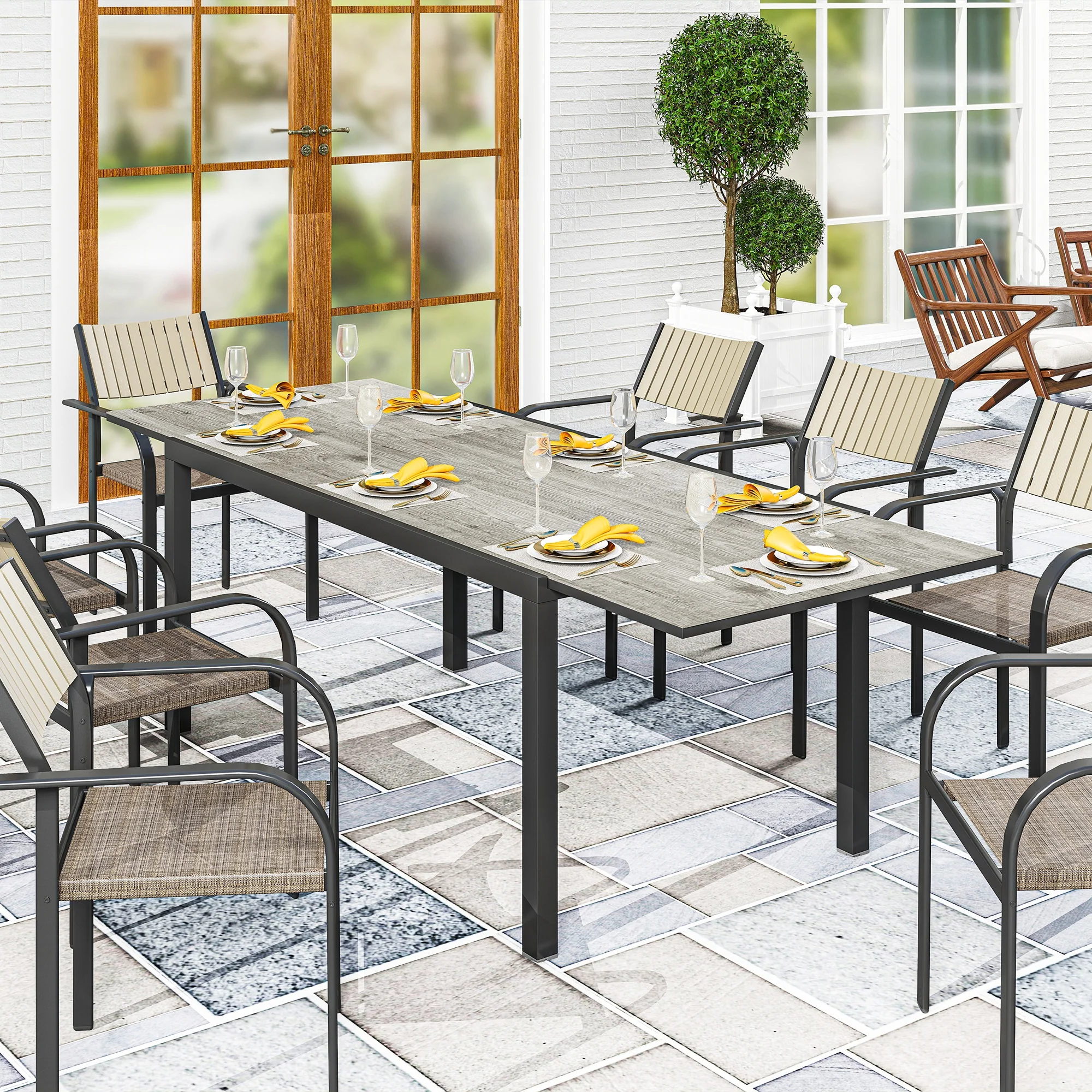 Outsunny Uitschuifbare Eettafel voor 6-8 Personen, Verstelbare Outdoor Tafel van Aluminium, Staal, Kunststof met Houteffect, Grijs