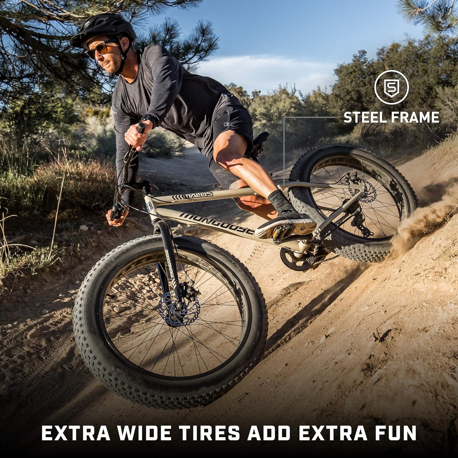 Mongoose Malus férfi és női Fat Tire mountain bike, 26 colos kerékméret, 4 col széles, bütykös gumik, acél váz, 7 sebességes meghajtás, Shimano hátsó váltó, tárcsafékek