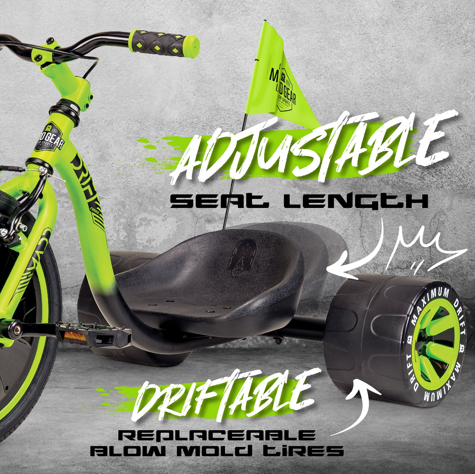 Madd Gear Drift Trike Strong Steel Frame Tricycle Adjustable Seat Black Green Machine 5 Years & up