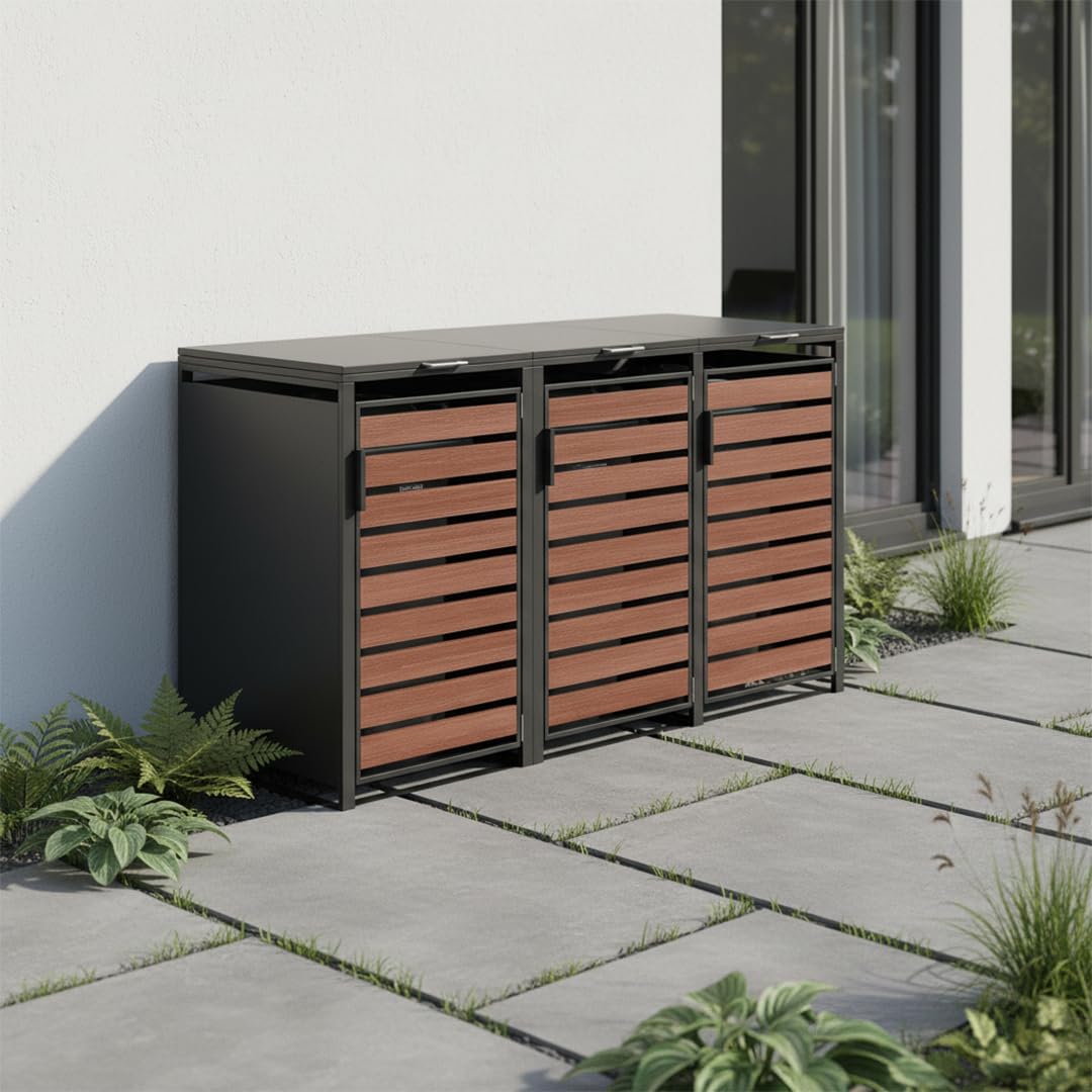 STEELSØN Kestra Mülltonnenbox 3er bis 240L – Mülltonnenverkleidung Stahl mit Sichtstreifen in Nußbaum-Holzoptik – hochwertige Müllcontainer 3 Tonnen – Müllbox in Graphitschwarz – Gerätebox wetterfest