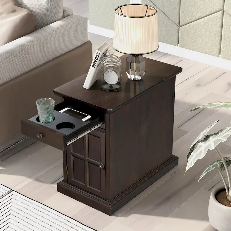 Classic Vintage End Table Side Table with USB Ports and 1 Multifunctional Drawer with Cup Holders
