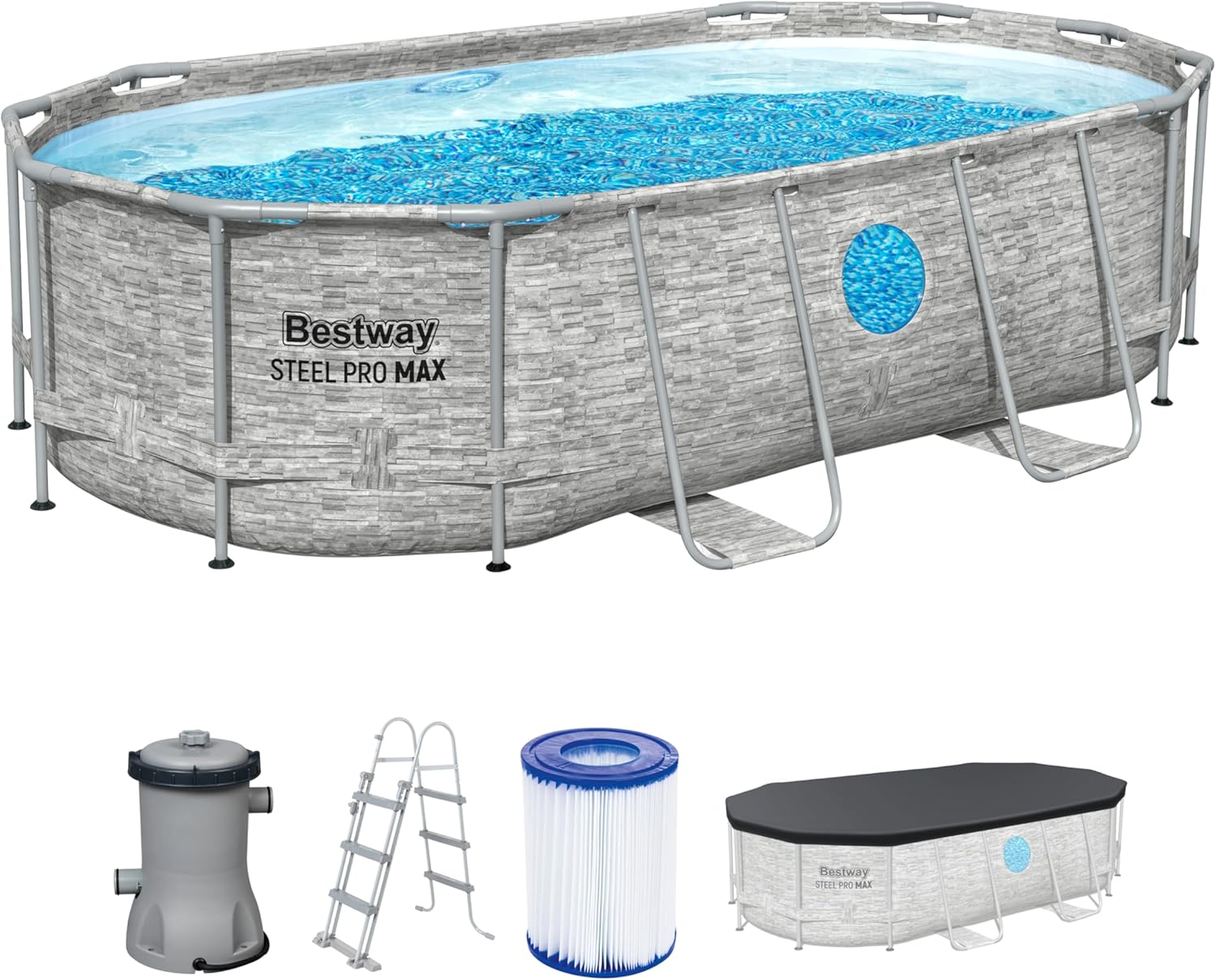 Bestway 56714-7 Steel Pro MAX Splashview Oval Above Ground Pool Set, 4.27m x 2.5m x 1m, Stone Effect Grey
