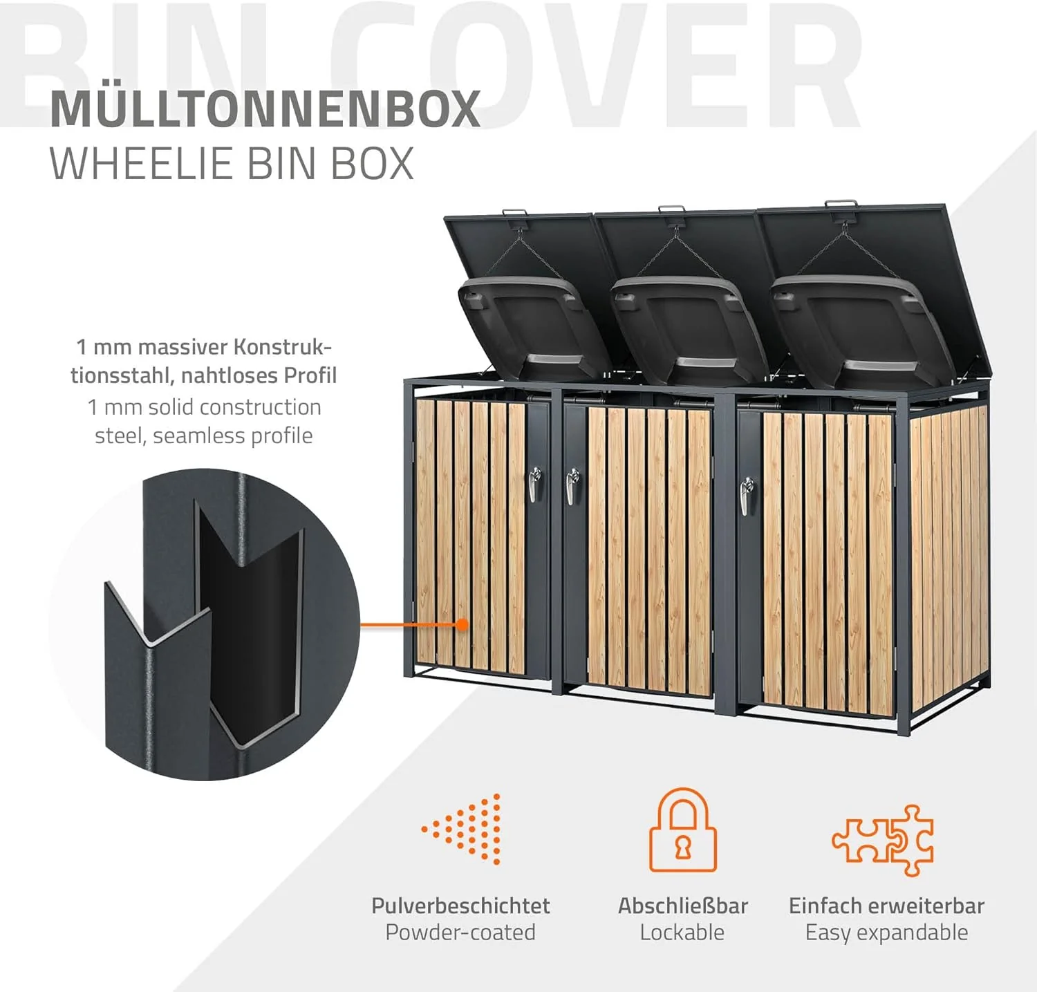 ML-Design szemeteskonténer-tároló 3 darabos 3 x 240 l-es 200x80x116,3 cm antracit-fa megjelenésű, időjárásálló/zárható acél szemeteskonténer-burkolat billenőfedéllel/3 ajtóval, szemeteskonténer-tároló szemeteskonténer-fedéllel