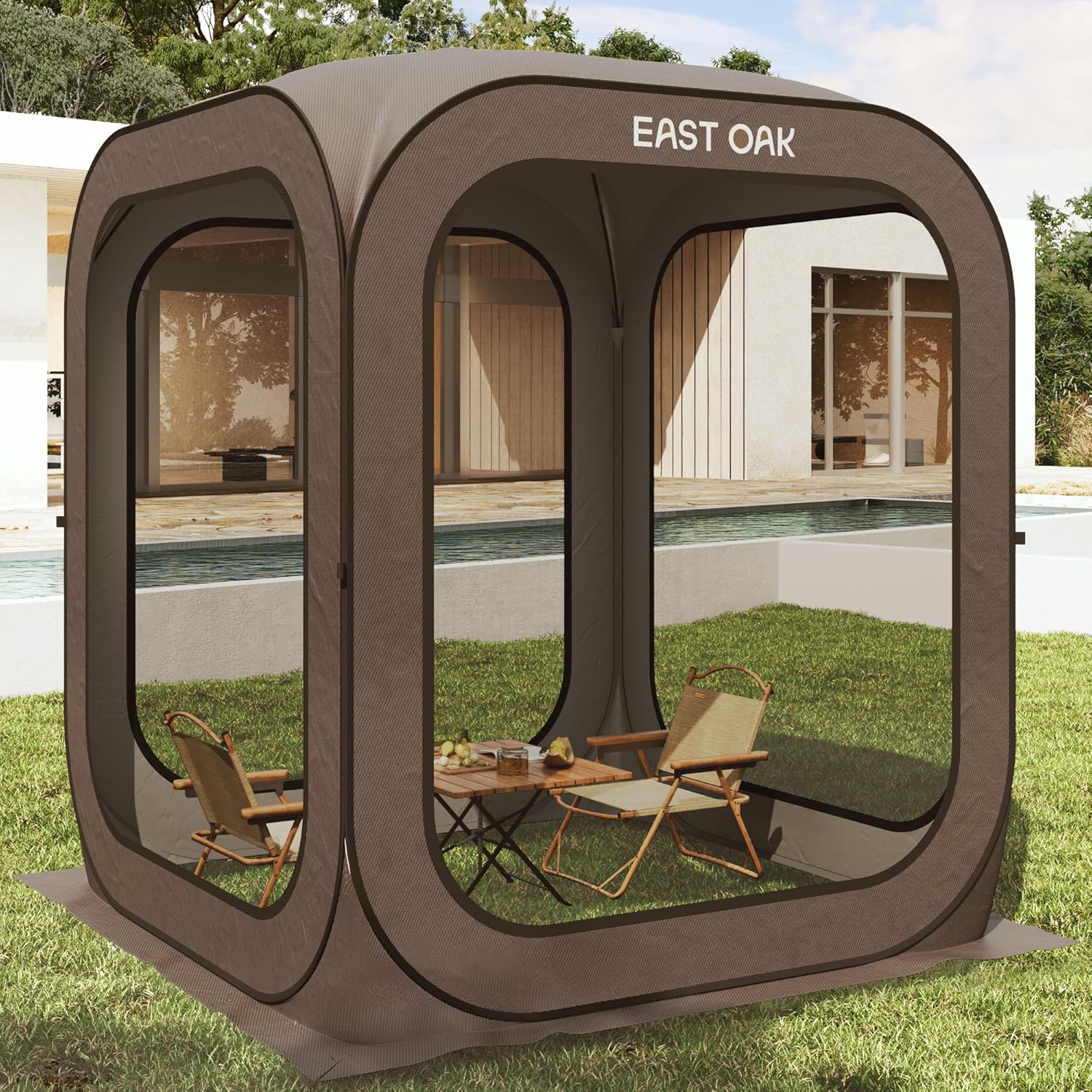 EAST OAK Pop-Up Kerti Pavilon Sátor, Hordozható Árnyékoló Instant Kerti Sátor, 3 x 3 M-es, Hordtáskával Teraszra, Háztáji Udvarra, Fedélzetre és Szabadtéri Tevékenységekhez, Bézs