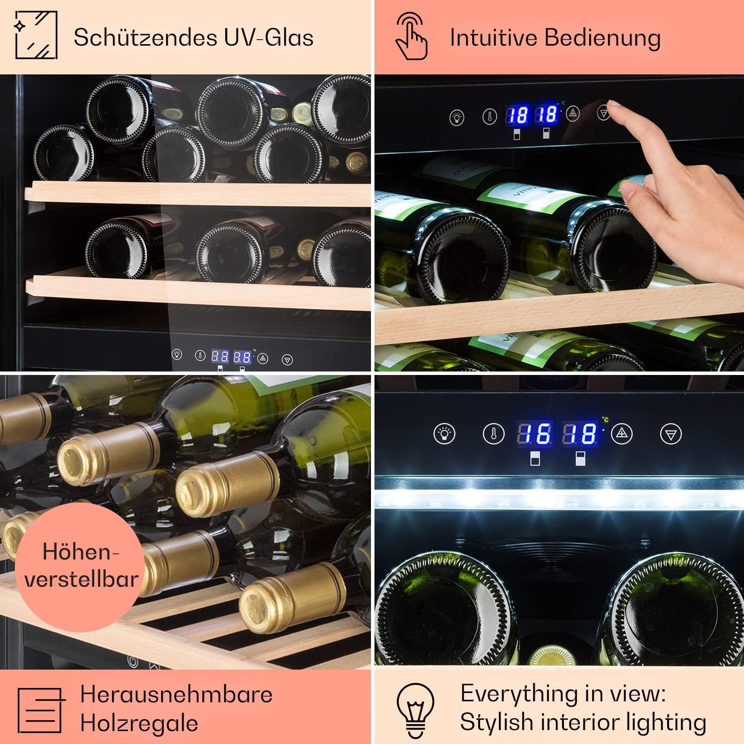 Klarstein Weinkühlschrank, Getränkekühlschrank Schmal, 1 Zone Kühlschrank mit Glastür, Getränkekühlschränke Freistehend, Weinkühlschrank Klein, Weinkühlschränke mit UV-Schutz, 4-18°C, 54 Flaschen