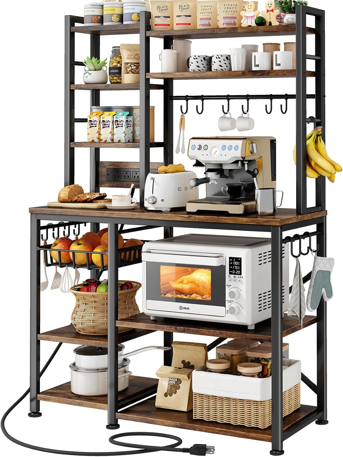 SNTD Baker Rack with Power Outlet - Microwave Stand with Storage, Large Coffee Bar Station with 14 Hooks, Metal Kitchen Shelf Rack for Spices, Pots (Rustic Brown) | with Power Outlet