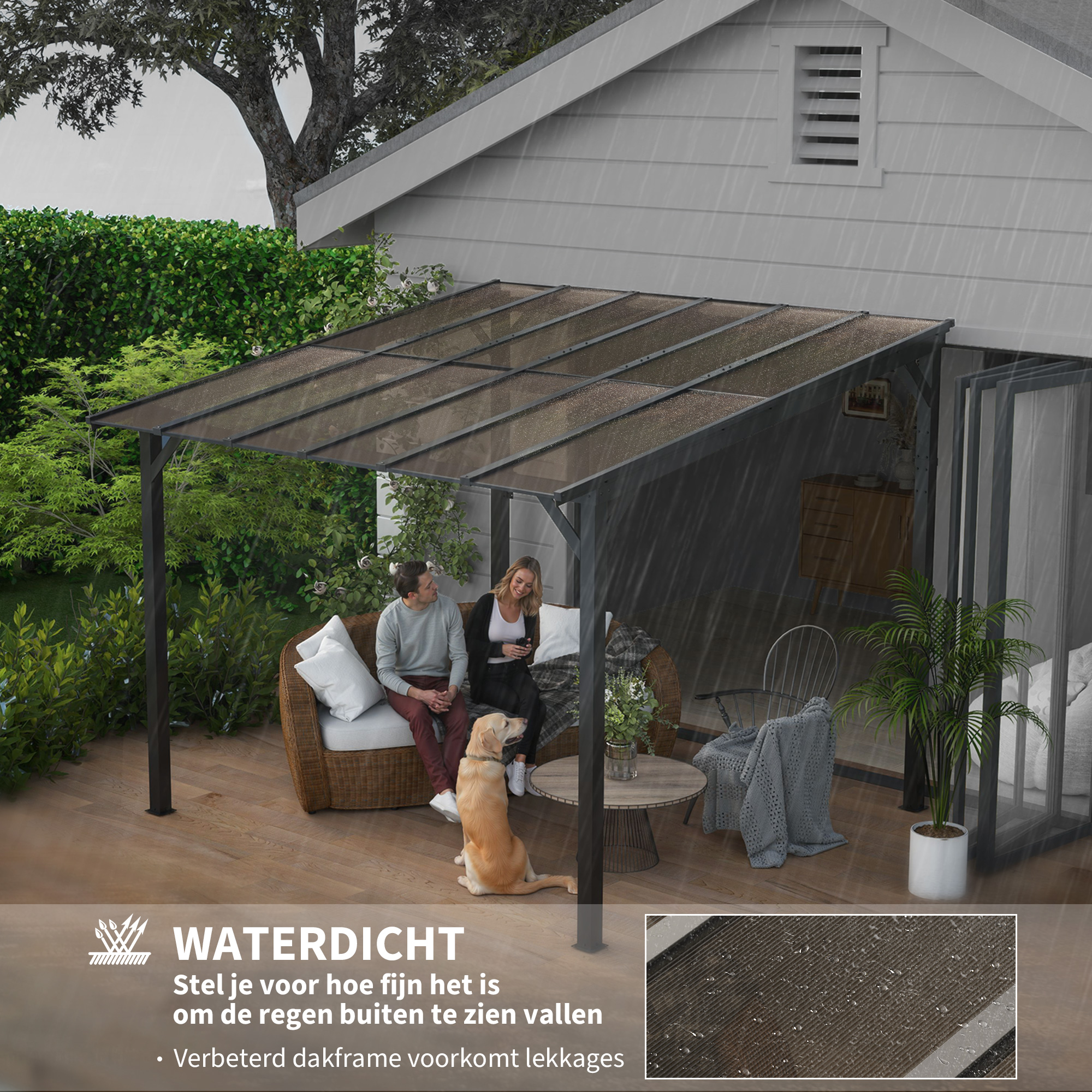 Outsunny 3 x 3 m Metalen Pergola, Tuinpergola met Waterdicht Dak, Vrijstaand, Windbestendig, UV-bestendig, Donkergrijs