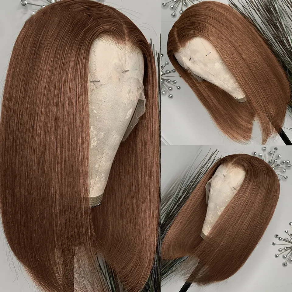Soft Short Bob Chocolate Brown Straight Hair Lace Front Wig Glueless Daily Wear Wig