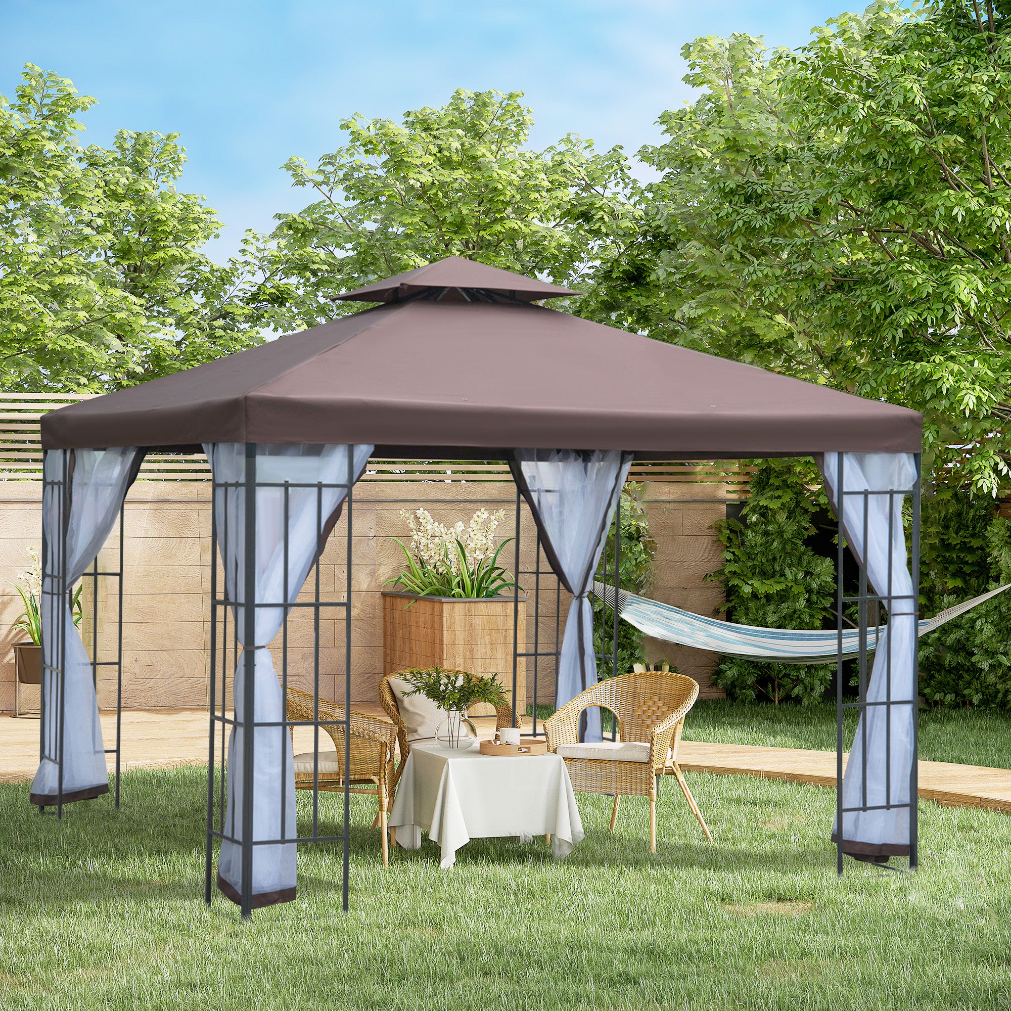Outsunny Partytent in de tuin partytent paviljoen tuintent feesttent dubbel dak 3 x 3 m bruin