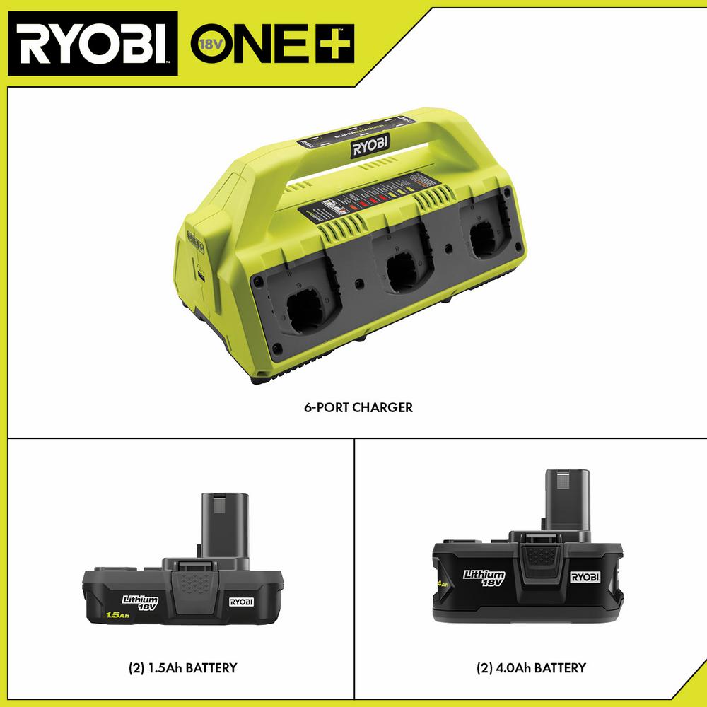 Kit Super Caricatore RYOBI ONE+ 18V con (2) batterie da 1,5 Ah e (2) batterie da 4,0 Ah