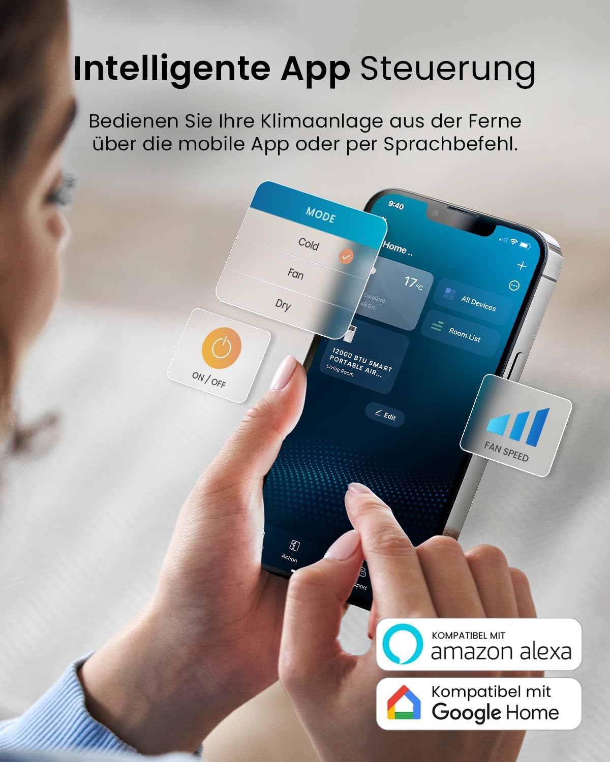 Pro Breeze 12000 BTU Mobile Klimaanlage (Räume bis 50㎡) – Klimaanlage mobil mit App-Steuerung, Timer & LED-Display – inkl. Fensterabdichtung & Abluftschlauch – Mobiles Klimagerät für Zuhause & Büro