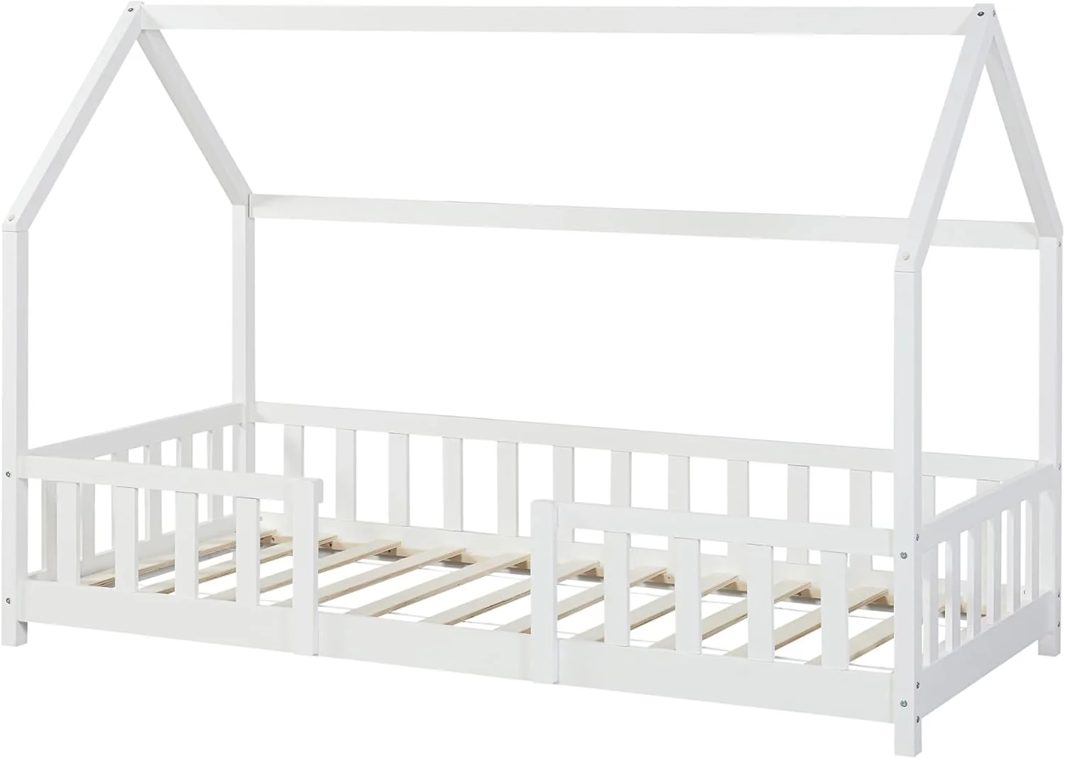 [en.casa] Letto per bambini Sisimiut a capanna 80 x 160 cm con protezione anticaduta letto in legno per bambini letto a terra rete a doghe in legno di pino Bianco opaco
