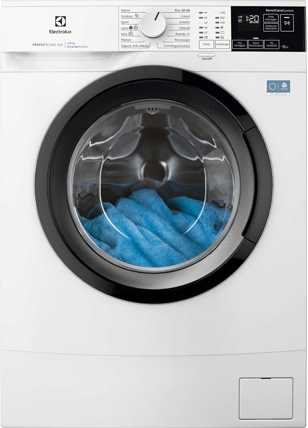 Electrolux Lavatrice Slim a Carica Frontale Serie 600 SensiCare EW6S426A, 6 kg, Classe A, Steam Anti-Allergy, Time Manager, Lavaggio Rapido 14 min, Cura Delicata dei Tessuti, 843x595x378