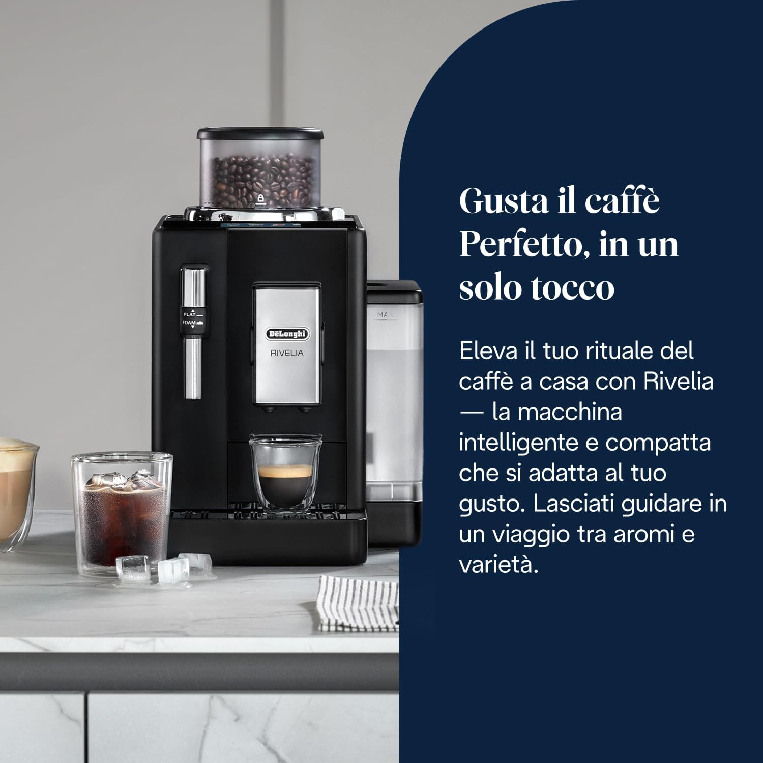 De'Longhi Rivelia – Perfetto Macchina da Caffè Automatica, Montalatte Classico, 8 Bevande in un Solo Tocco, Display Touch a Colori, Contenitori Chicchi di Caffè Intercambiabili, Nero (EXAM440.35.B)