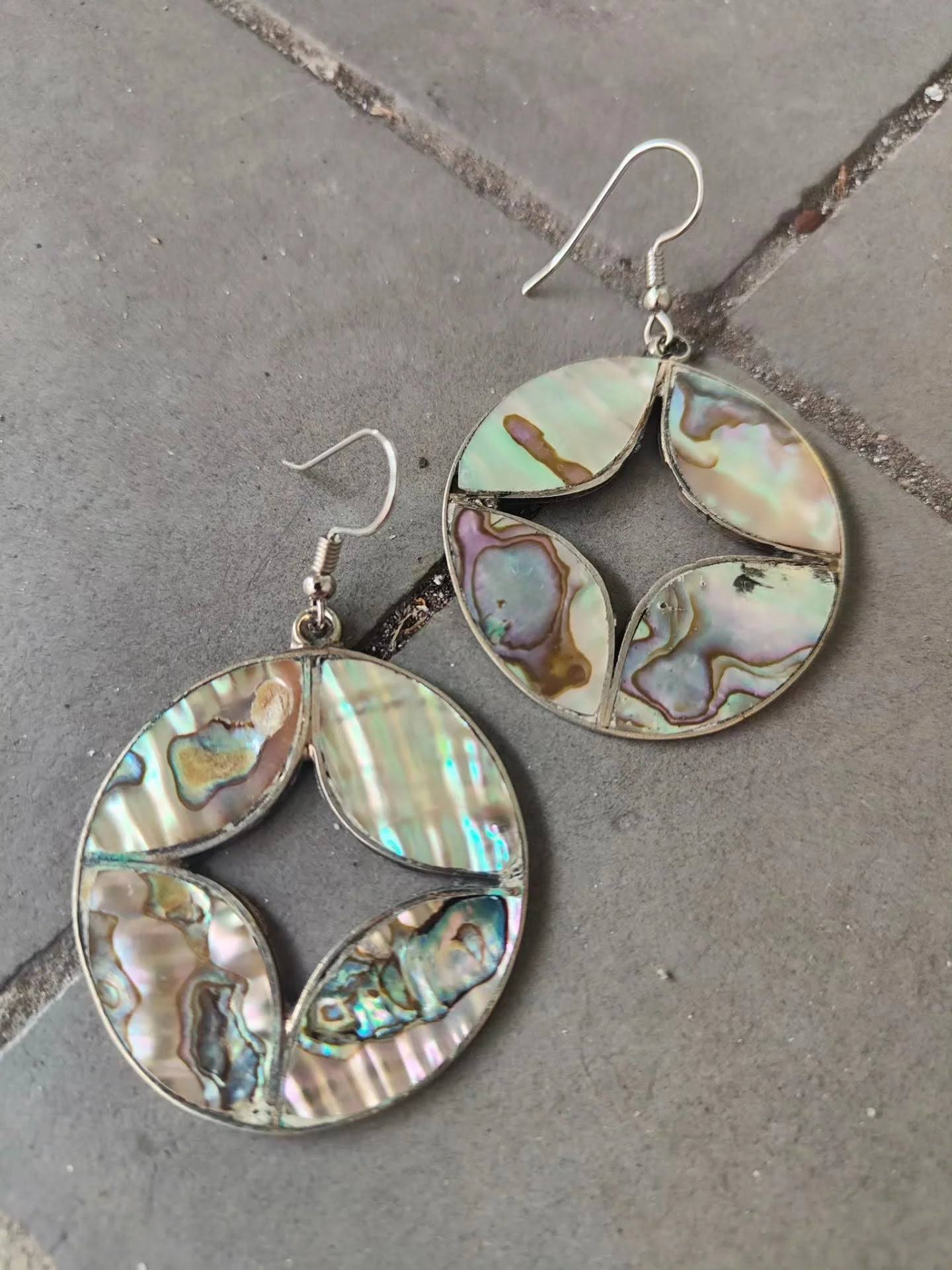 Real Vintage Abalone Shell Drop Earrings Silver-Tone Circular