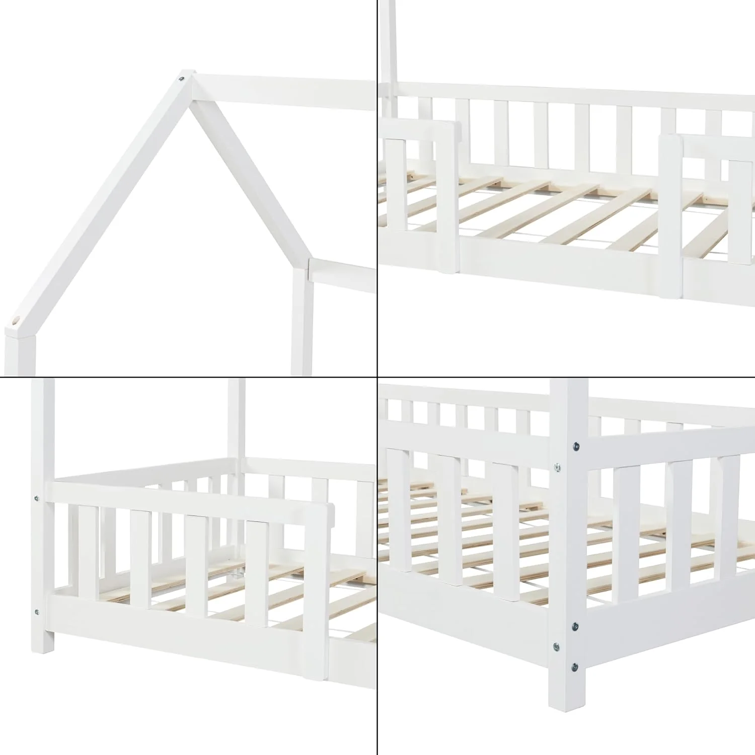 [en.casa] Letto per bambini Sisimiut a capanna 80 x 160 cm con protezione anticaduta letto in legno per bambini letto a terra rete a doghe in legno di pino Bianco opaco