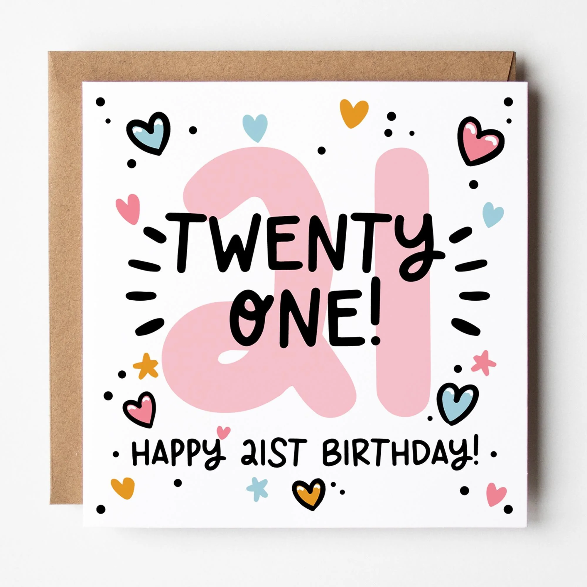 21st Birthday Card for Her: Pink 21, Twenty One with Hearts and Kraft Envelope