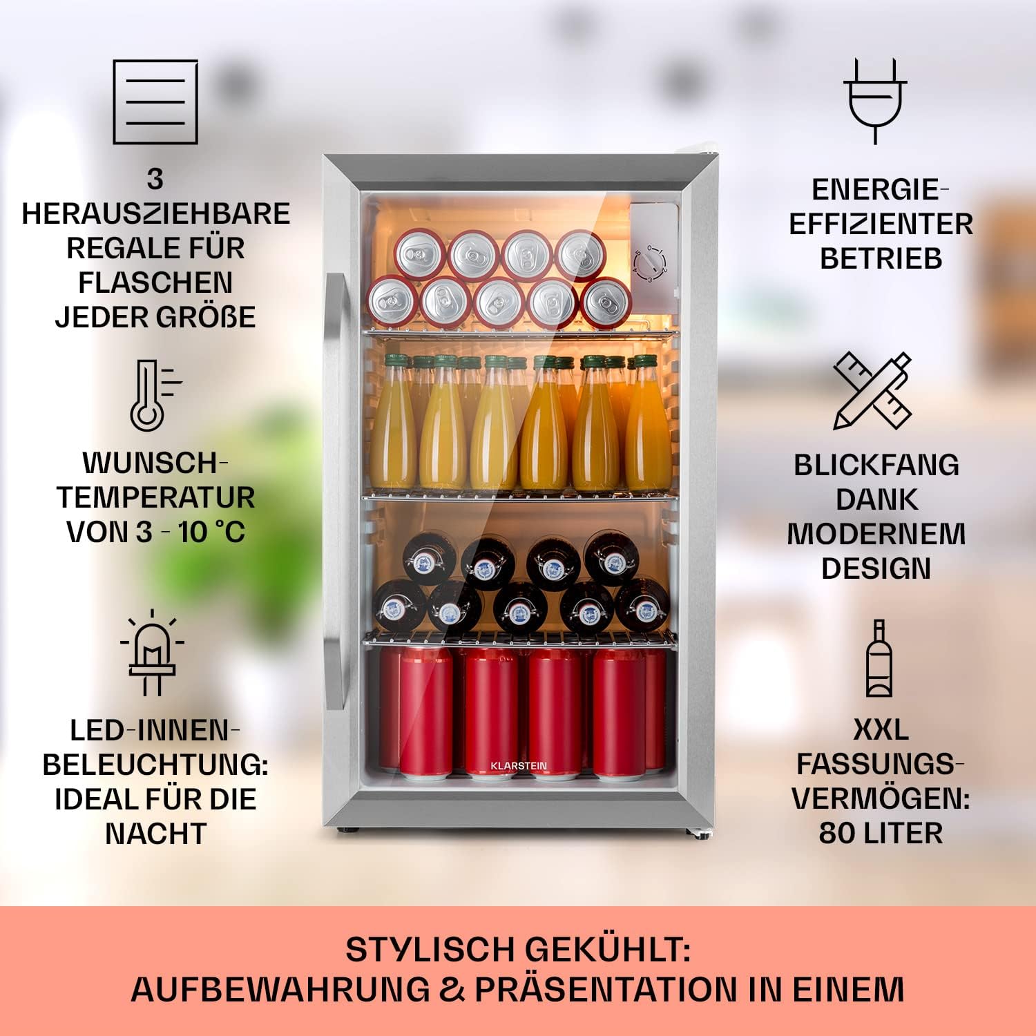 Klarstein Mini Koelkast met Glazen Deur voor Kamer, Drankenkoelkast met Verstelbare Planken, Klein 80 Liter, Indoor/Outdoor Koelkast Stil