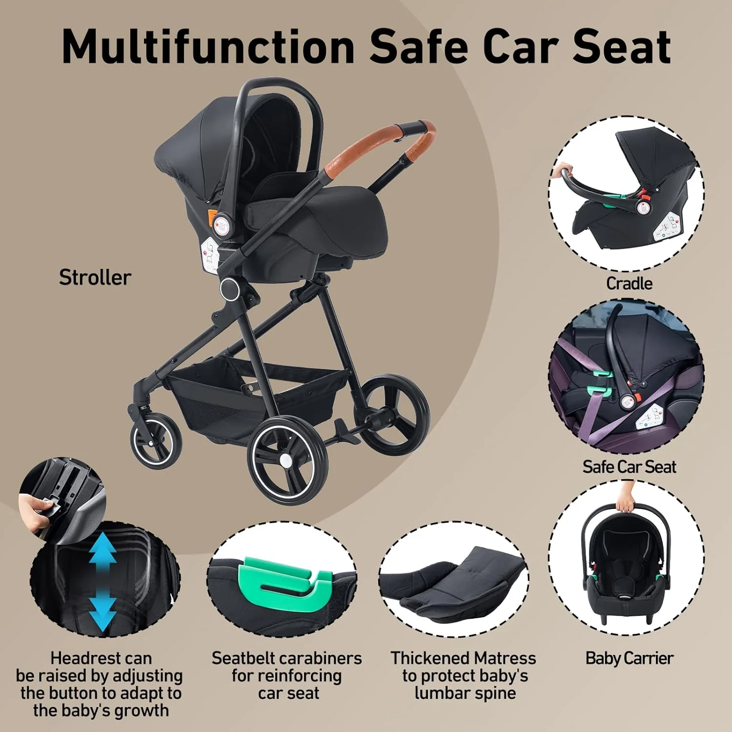 Passeggino 3 in 1 Zkiprm, portatile con seggiolino auto, 3 modalità convertibili, telaio in alluminio di alta qualità, alta visibilità, passeggino leggero, grigio