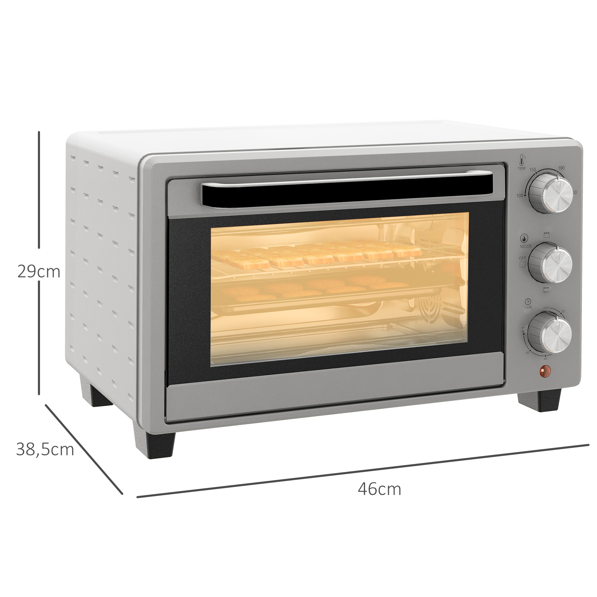 HOMCOM Minioven, 21L, 3 Kookmodi, 100°C-230°C, Rost & Plaat, Roestvrijstaal/Glas, Zilver