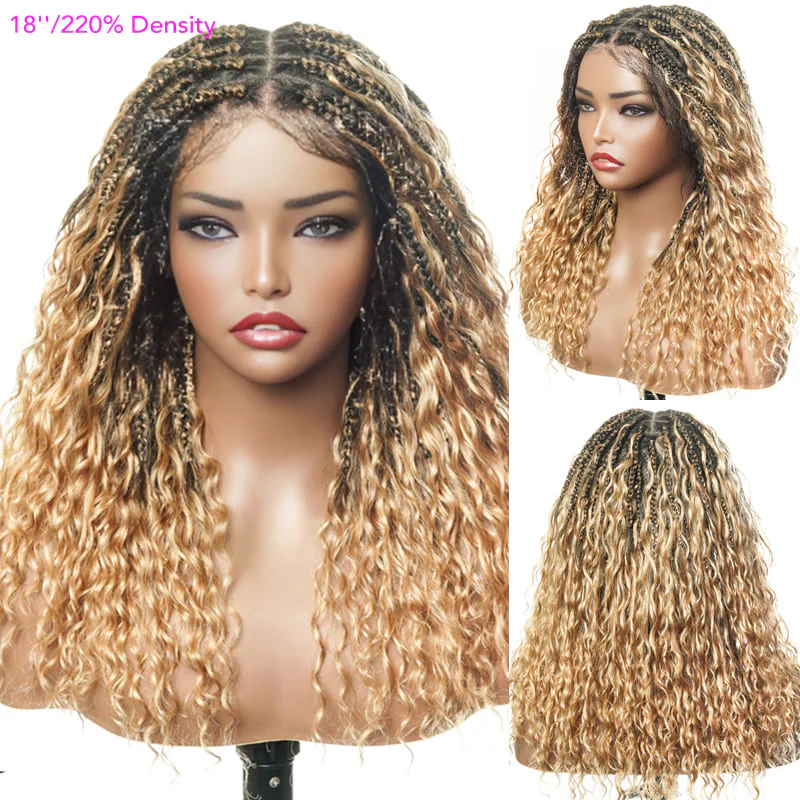 Glueless Boho Braided Ombre Honey Blonde With Dark Root Water Wave 13X6 Full HD Lace Front Wig Pull Go Drawstring Cap Human Hair Wig