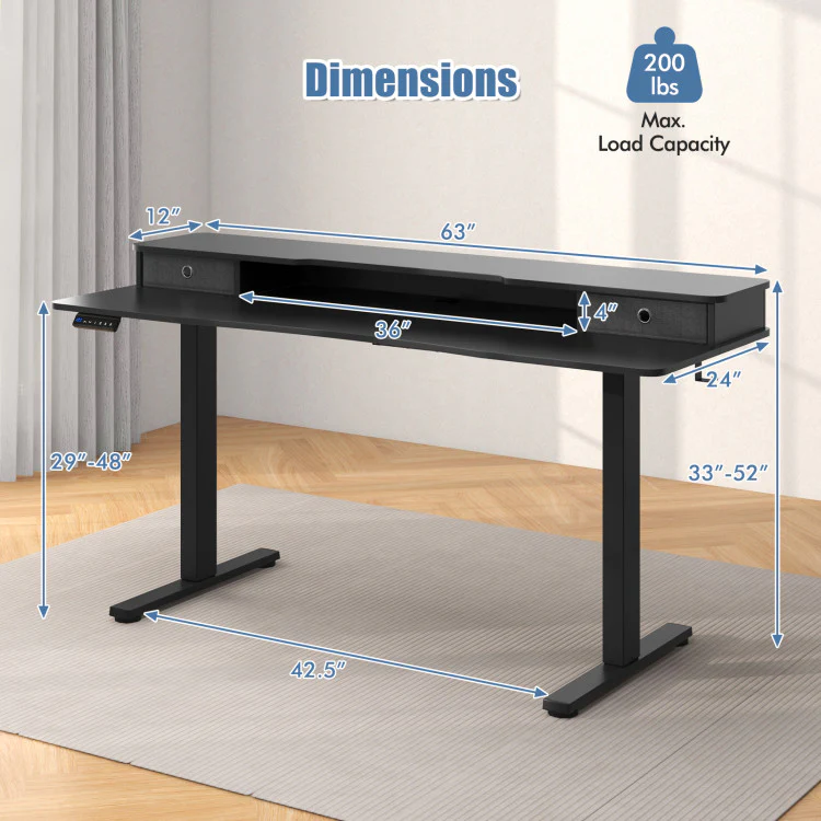 Electric Standing Desk with 2 Drawers, 3 Memory Positions, 63