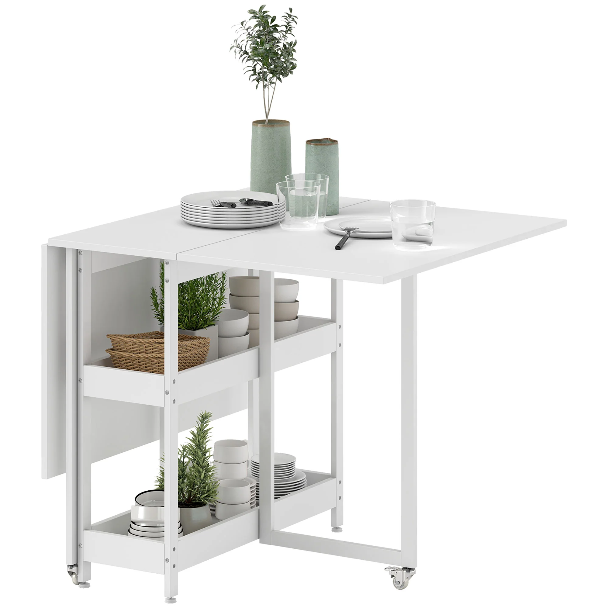 HOMCOM Uitschuifbare Eettafel in Industrieel Ontwerp voor tot 4 Personen, Open Schappen, Flexibel, Metaal, Spaanplaat, Wit