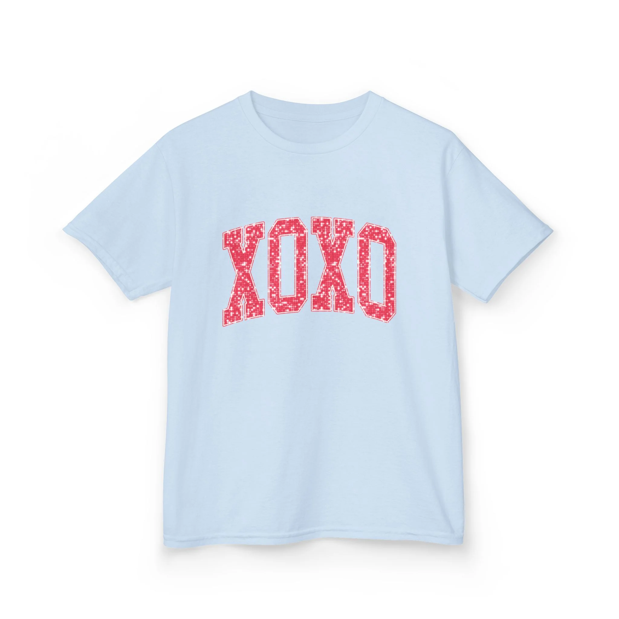 XOXO Kids Tee, Valentine Heart Pattern, Pink Lettering