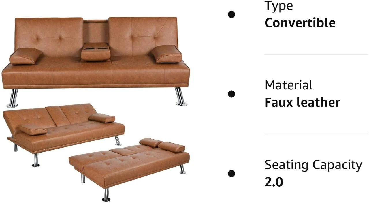 Yaheetech Convertible Sofa Bed Adjustable Couch Sleeper Modern Faux Leather Home Recliner Reversible Loveseat Folding Daybed Guest Bed, Removable Armrests, Cup Holders, 3 Angles, 772lb Capacity, Black